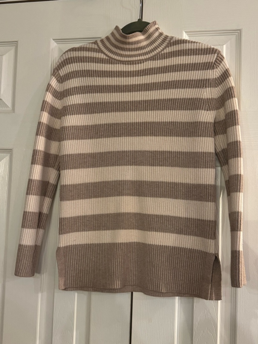 Striped Knit Cowl Neck Sweater in Cream and Taupe